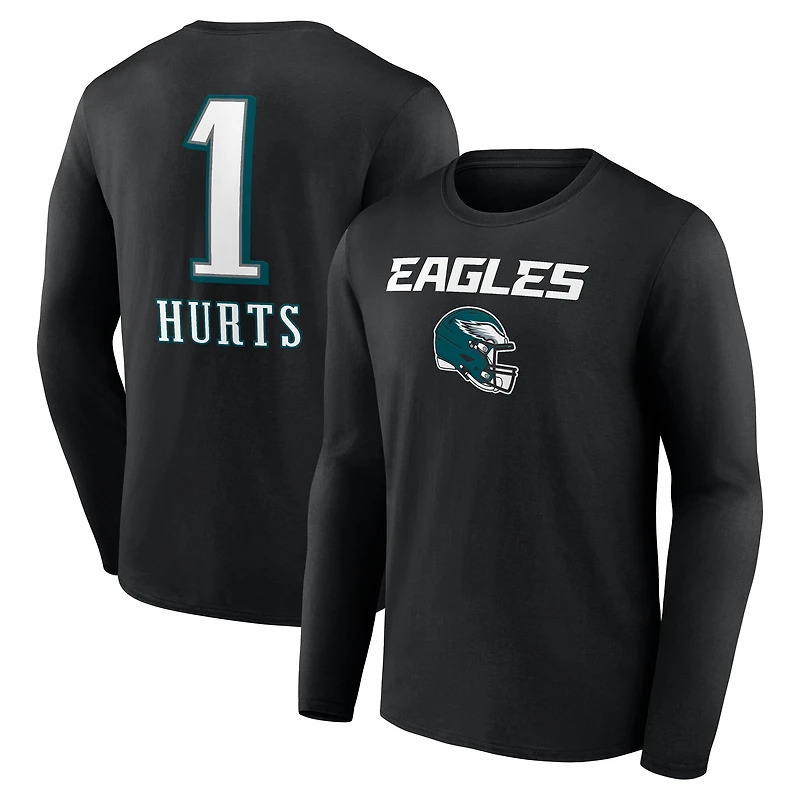 T-shirt à manches longues pour homme Jalen Hurts Black Philadelphia Eagles Team Wordmark Nom et numéro