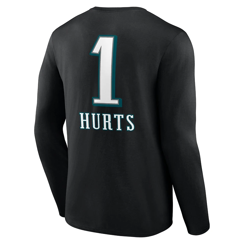 T-shirt à manches longues pour homme Jalen Hurts Black Philadelphia Eagles Team Wordmark Nom et numéro