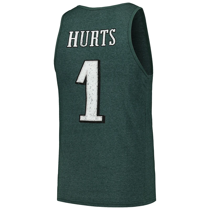 Débardeur tri-mélange vert Majestic Threads Jalen Hurts pour hommes avec nom et numéro des Eagles de Philadelphie