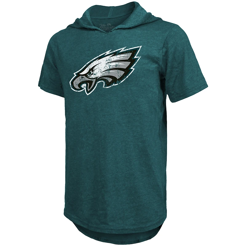 T-shirt à capuche coupe slim tri-mélange pour hommes Majestic Threads Jalen Hurts, vert nuit, nom et numéro du joueur des Eagles de Philadelphie