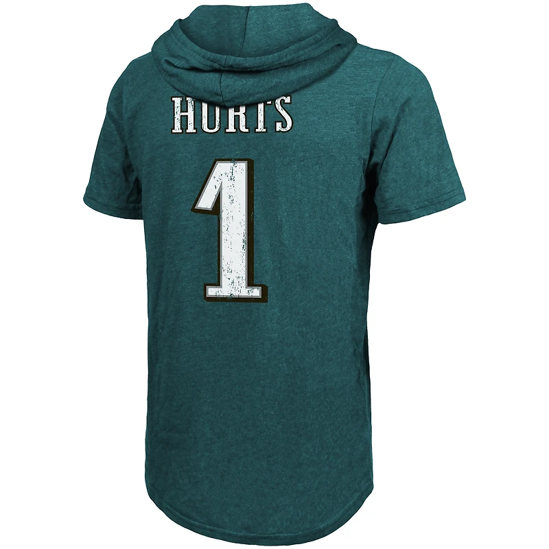 T-shirt à capuche coupe slim tri-mélange pour hommes Majestic Threads Jalen Hurts, vert nuit, nom et numéro du joueur des Eagles de Philadelphie