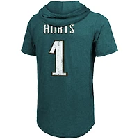 T-shirt à capuche coupe slim tri-mélange pour hommes Majestic Threads Jalen Hurts, vert nuit, nom et numéro du joueur des Eagles de Philadelphie