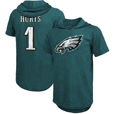 T-shirt à capuche coupe slim tri-mélange pour hommes Majestic Threads Jalen Hurts, vert nuit, nom et numéro du joueur des Eagles de Philadelphie