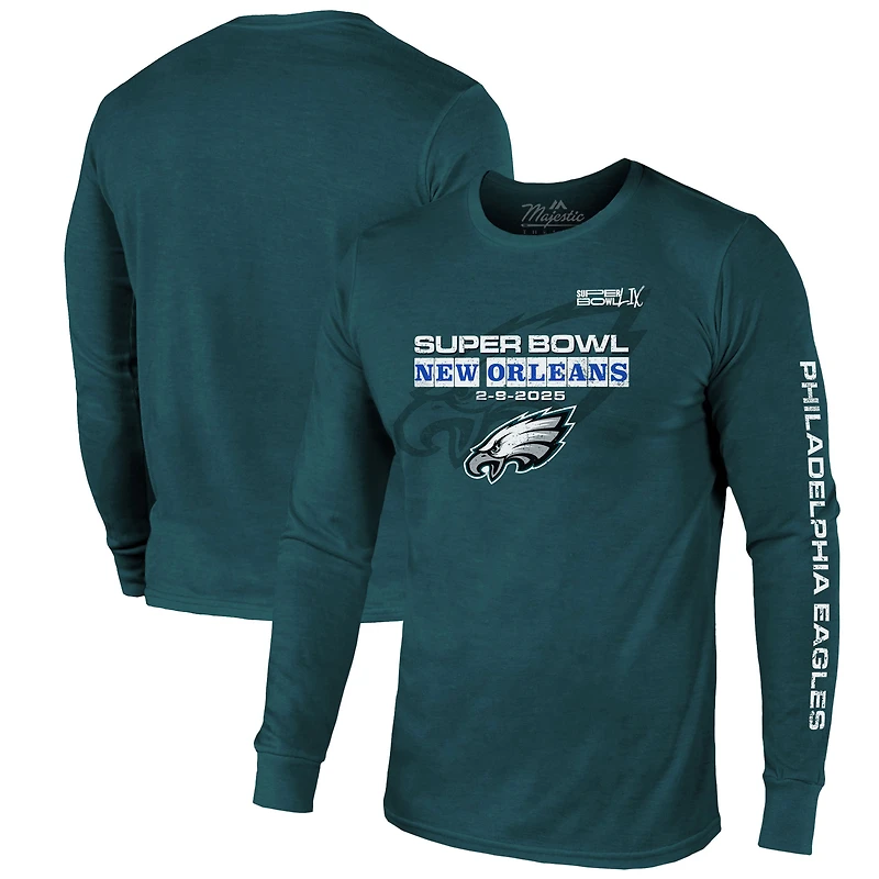 Men's Majestic Threads Midnight Green Philadelphia Eagles Super Bowl LIX Tri-Blend Long Sleeve T-Shirt