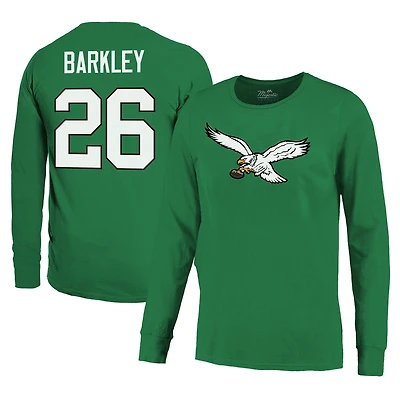 T-shirt à manches longues avec nom et numéro Majestic Threads Saquon Barkley Kelly Green Philadelphia Eagles pour hommes