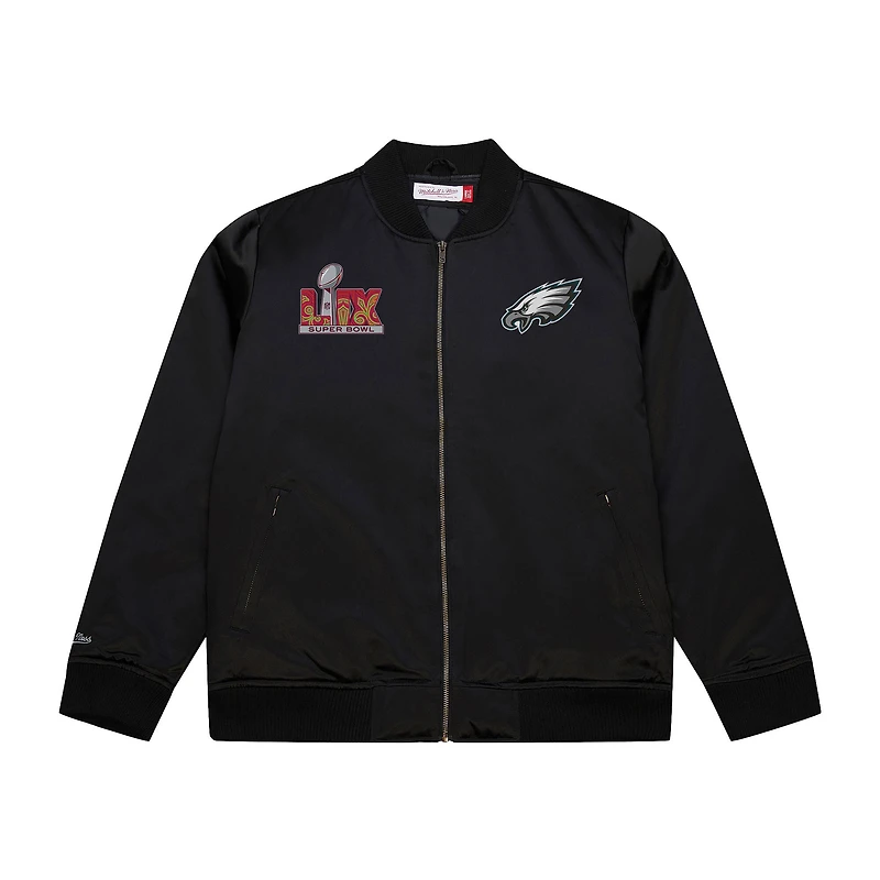 Veste bomber en satin entièrement zippée avec logo de l'équipe des Philadelphia Eagles Super Bowl LIX pour homme Mitchell & Ness Black