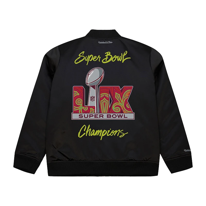 Veste bomber en satin entièrement zippée avec logo de l'équipe des Philadelphia Eagles Super Bowl LIX pour homme Mitchell & Ness Black