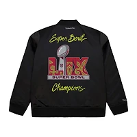 Veste bomber en satin entièrement zippée avec logo de l'équipe des Philadelphia Eagles Super Bowl LIX pour homme Mitchell & Ness Black