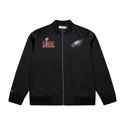 Veste bomber en satin entièrement zippée avec logo de l'équipe des Philadelphia Eagles Super Bowl LIX pour homme Mitchell & Ness Black