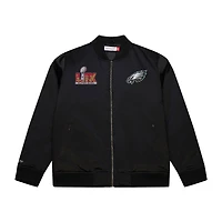 Veste bomber en satin entièrement zippée avec logo de l'équipe des Philadelphia Eagles Super Bowl LIX pour homme Mitchell & Ness Black