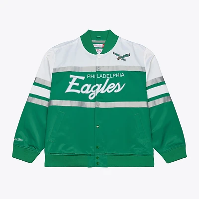 Veste légère en satin à boutons-pression Mitchell & Ness Kelly Green pour homme, modèle entraîneur-chef des Eagles de Philadelphie.
