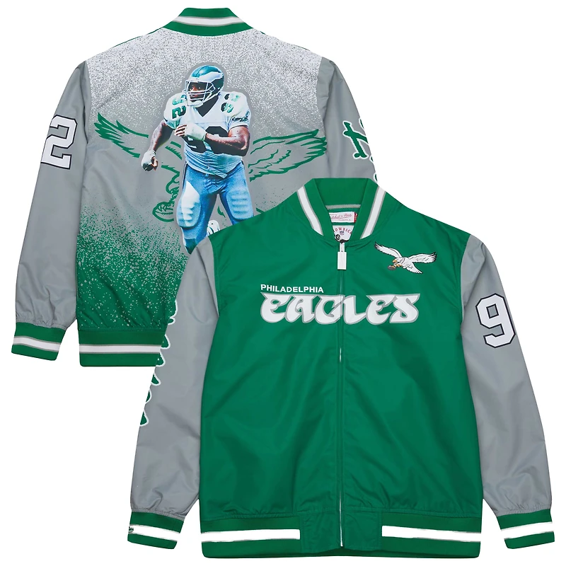 Veste en satin à fermeture éclair intégrale pour homme Mitchell & Ness Reggie White Kelly Green Philadelphia Eagles Retired Player Graphic
