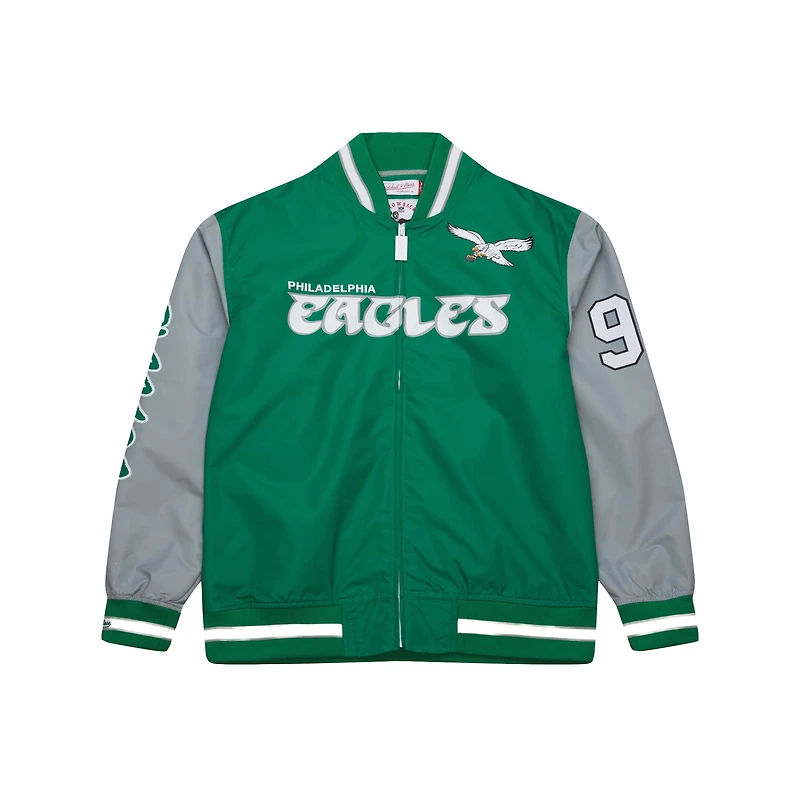 Veste en satin à fermeture éclair intégrale pour homme Mitchell & Ness Reggie White Kelly Green Philadelphia Eagles Retired Player Graphic