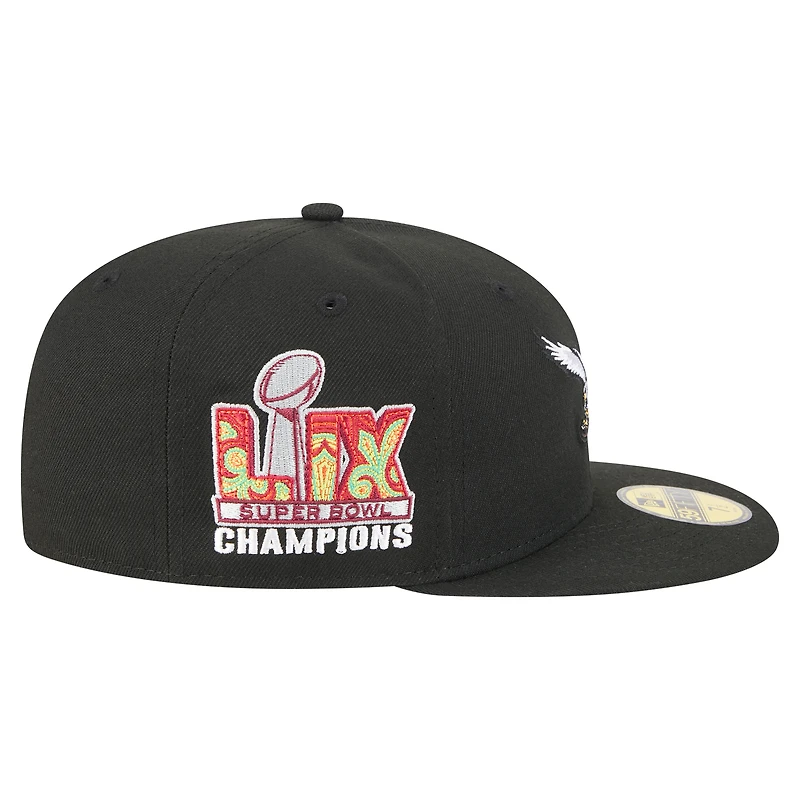 Casquette ajustée 59FIFTY noire New Era pour homme, Philadelphia Eagles, Super Bowl LIX Champions, écusson latéral historique