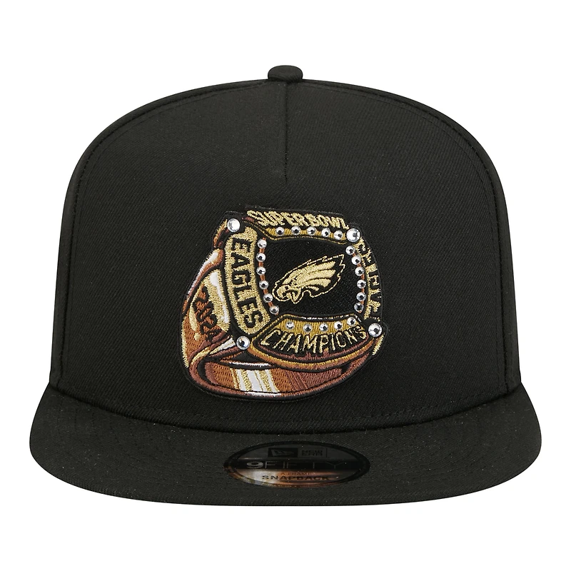 Men's New Era Black Philadelphia Eagles Super Bowl Ring 9FIFTY A-Frame Adjustable Hat