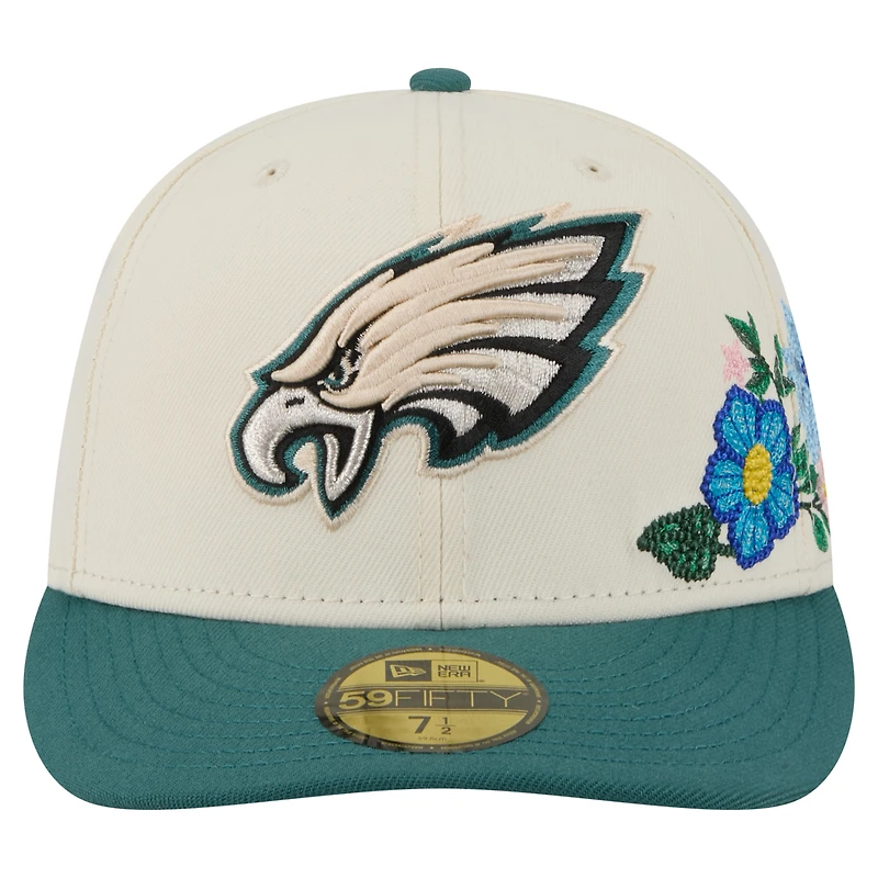 Casquette ajustée 59FIFTY à fleurs ton sur des Eagles de Philadelphie New Era pour homme, crème/vert nuit
