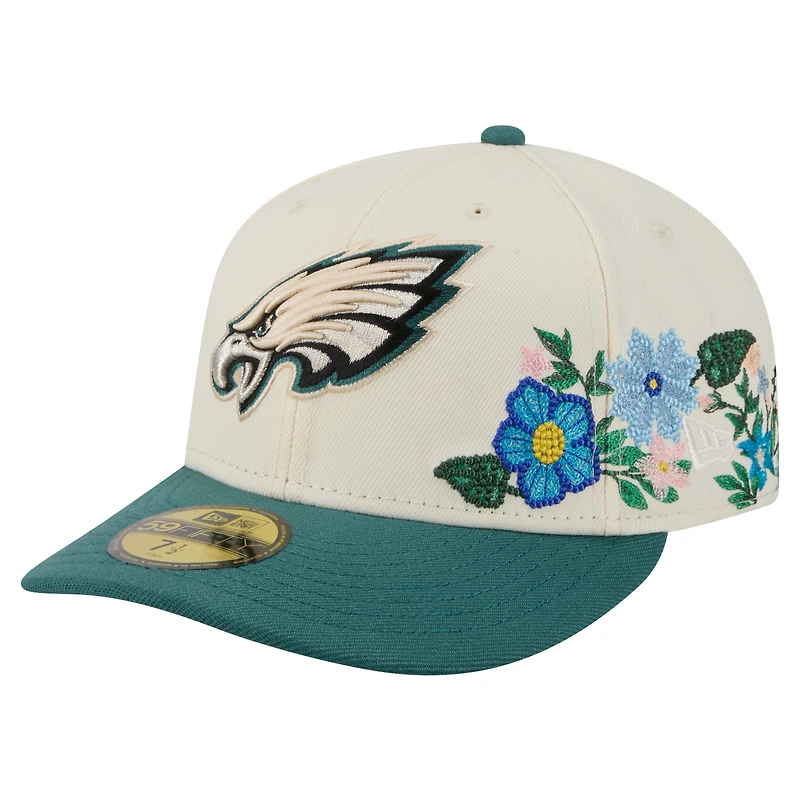 Casquette ajustée 59FIFTY à fleurs ton sur des Eagles de Philadelphie New Era pour homme, crème/vert nuit