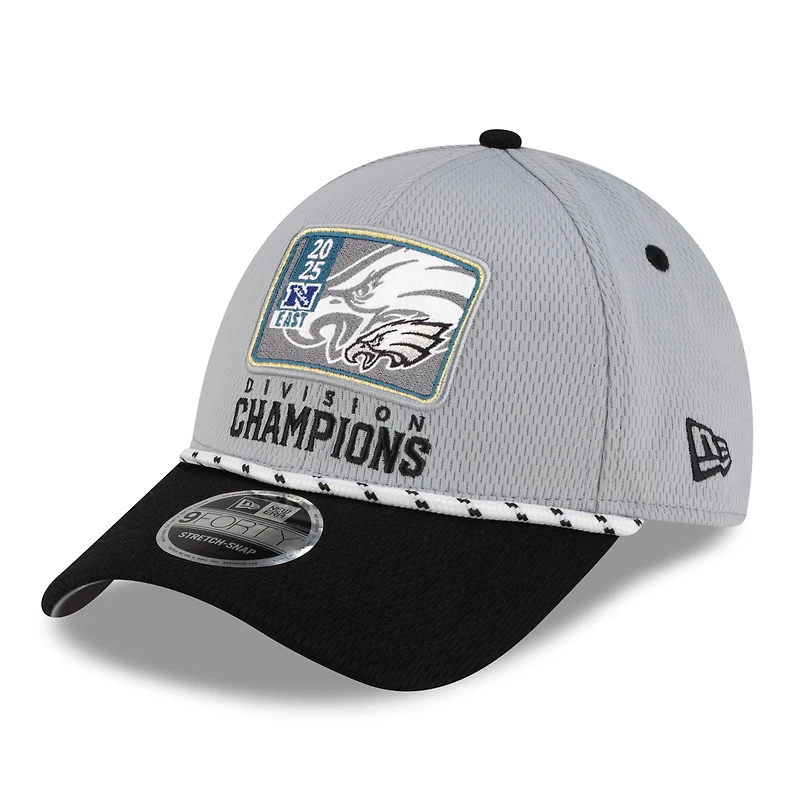 Casquette ajustable New Era 9FORTY pour homme, grise et noire, Philadelphia Eagles, champions de la division NFC Est 2025