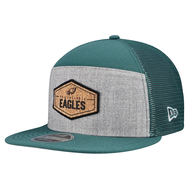 Casquette snapback 9FIFTY grise/verte nuit pour homme des Philadelphia Eagles de New Era, panneau fendu en liège