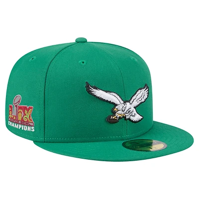 Casquette ajustée New Era 59FIFTY pour homme, vert Kelly, Philadelphia Eagles, Super Bowl LIX Champions, écusson latéral historique