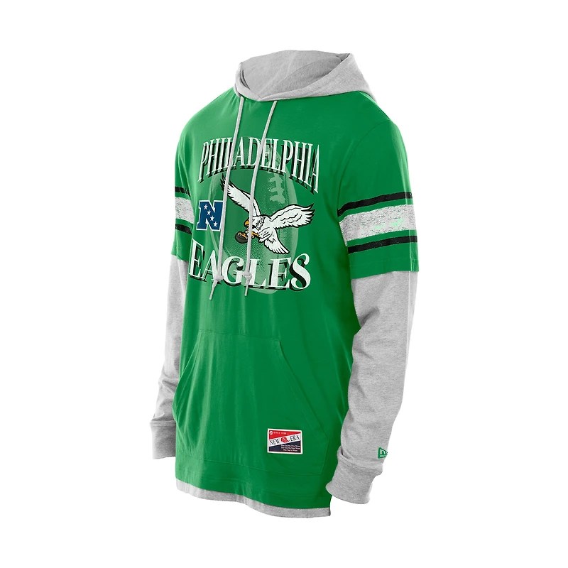 T-shirt à capuche manches longues et superpositions New Era vert Kelly pour homme, Philadelphia Eagles