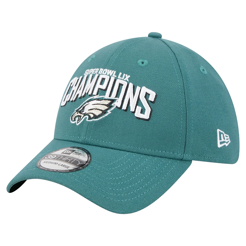 Casquette New Era 39THIRTY Flex pour homme, vert nuit, Philadelphia Eagles, Super Bowl LIX Champions, avec écusson latéral