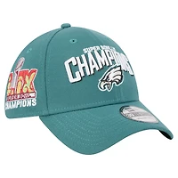 Casquette New Era 39THIRTY Flex pour homme, vert nuit, Philadelphia Eagles, Super Bowl LIX Champions, avec écusson latéral