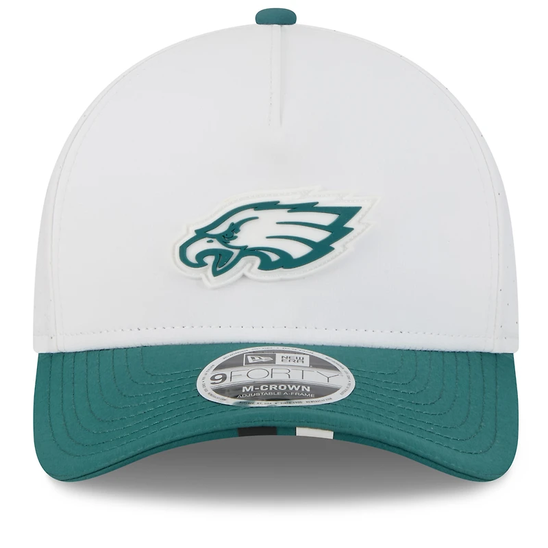 Men's New Era White/Midnight Green Philadelphia Eagles 2025 NFL Training Camp A-Frame 9FORTY Adjustable Hat
