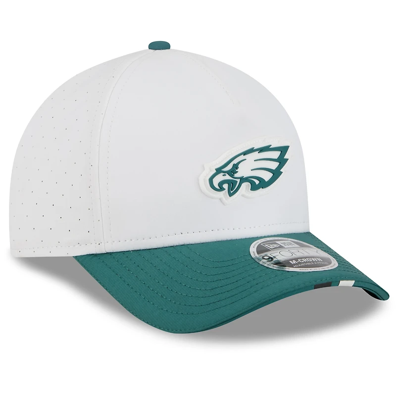 Men's New Era White/Midnight Green Philadelphia Eagles 2025 NFL Training Camp A-Frame 9FORTY Adjustable Hat