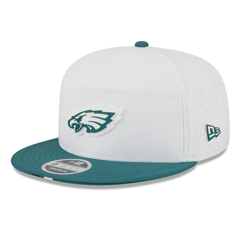 Casquette snapback 9FIFTY à panneaux divisés New Era pour homme, blanc/vert nuit, Philadelphia Eagles, camp d'entraînement NFL 2025
