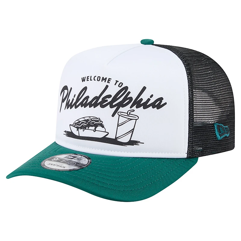 Men's New Era White/Midnight Green Philadelphia Eagles Foodie 9FIFTY A-Frame Trucker Snapback Hat