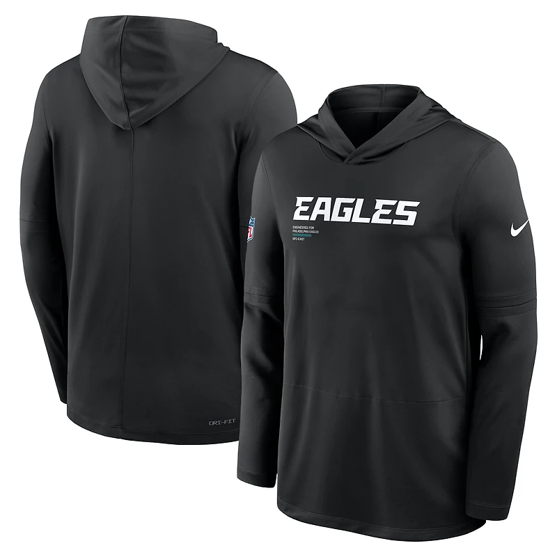 T-shirt à capuche et manches longues Nike noir Philadelphia Eagles 2025 Sideline Pure Fury Dri-FIT pour homme