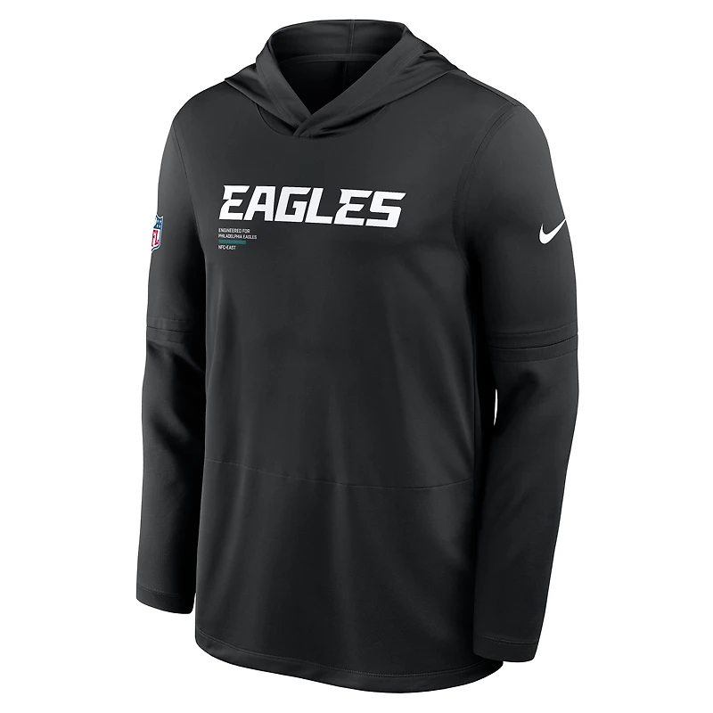T-shirt à capuche et manches longues Nike noir Philadelphia Eagles 2025 Sideline Pure Fury Dri-FIT pour homme