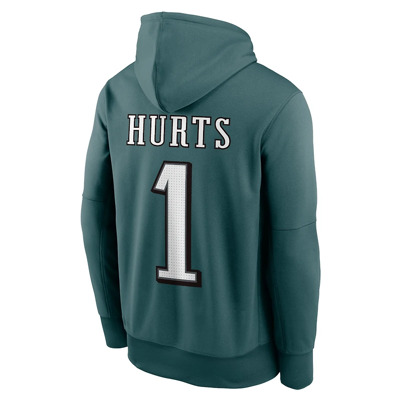 Sweat à capuche Nike Therma vert Jalen Hurts pour homme, avec nom et numéro de joueur des Philadelphia Eagles