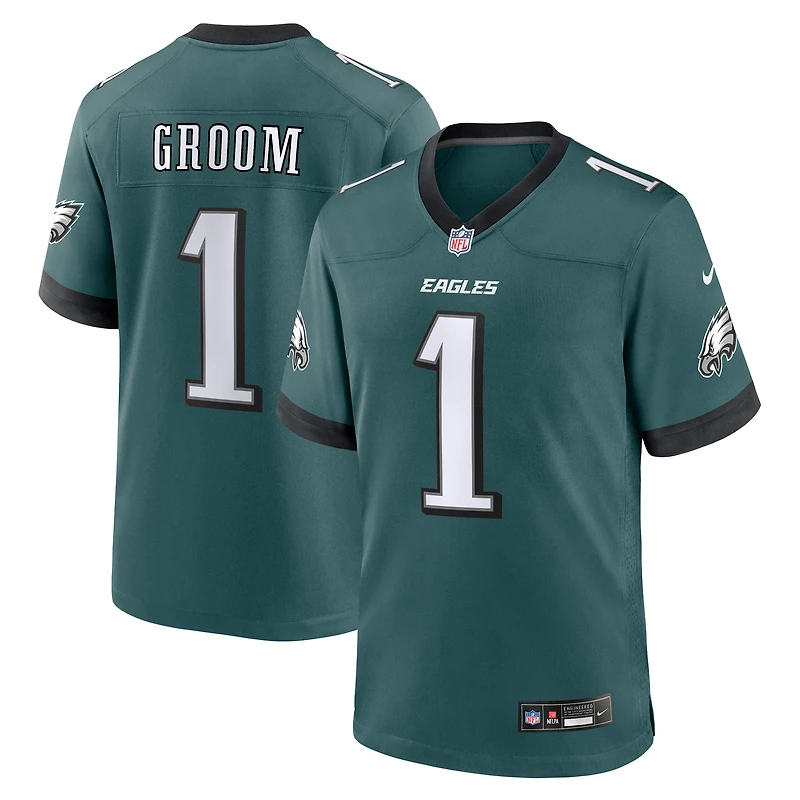 Maillot de match des Eagles Philadelphie Nike numéro 1 Groom vert nuit pour homme