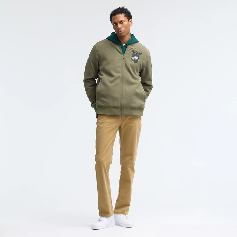 Men's Nike Olive Philadelphia Eagles 2025 Salute to Service Sideline Full-Zip Bomber Jacket