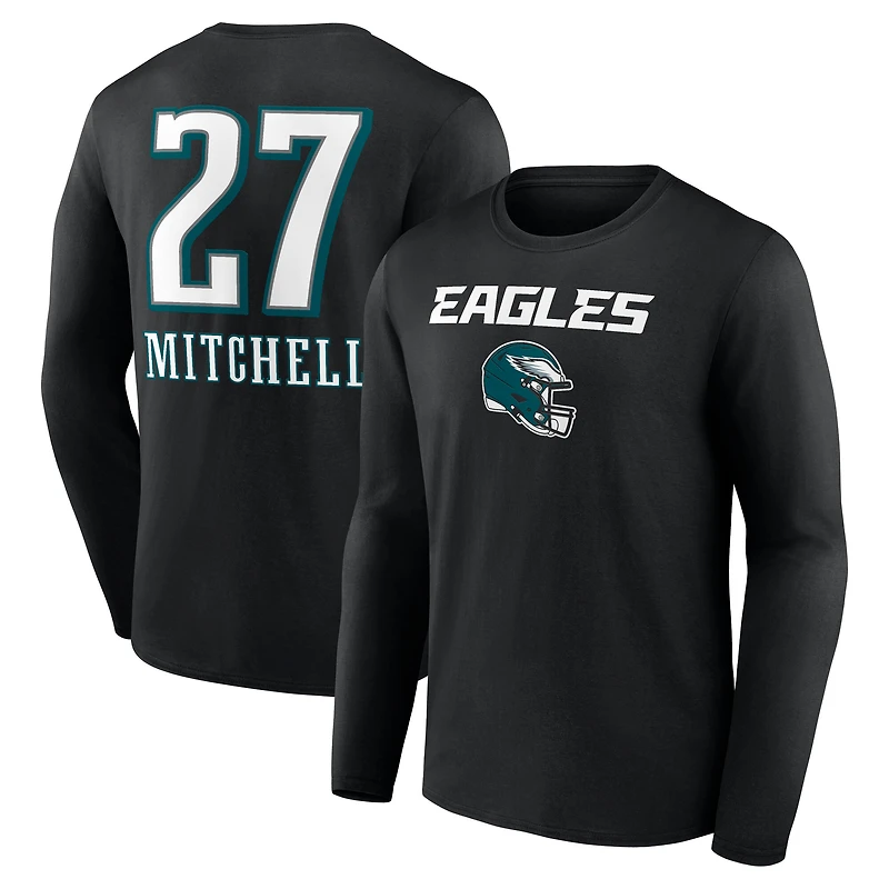 T-shirt à manches longues pour homme Quinyon Mitchell noir avec nom et numéro de l'équipe des Philadelphia Eagles