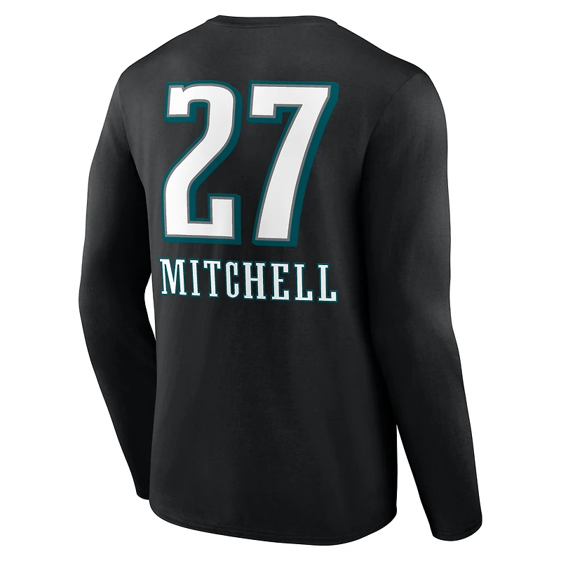 T-shirt à manches longues pour homme Quinyon Mitchell noir avec nom et numéro de l'équipe des Philadelphia Eagles