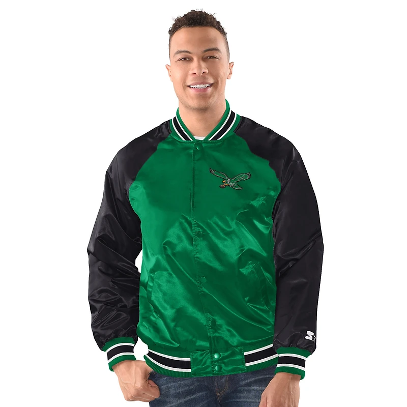 Veste universitaire Starter pour homme, vert Kelly/noir, modèle Philadelphia Eagles Intronisé, raglan, à boutons-pression.