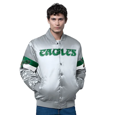Veste à boutons-pression complète en satin triple option pour homme des Philadelphia Eagles Starter Silver avec logo vintage