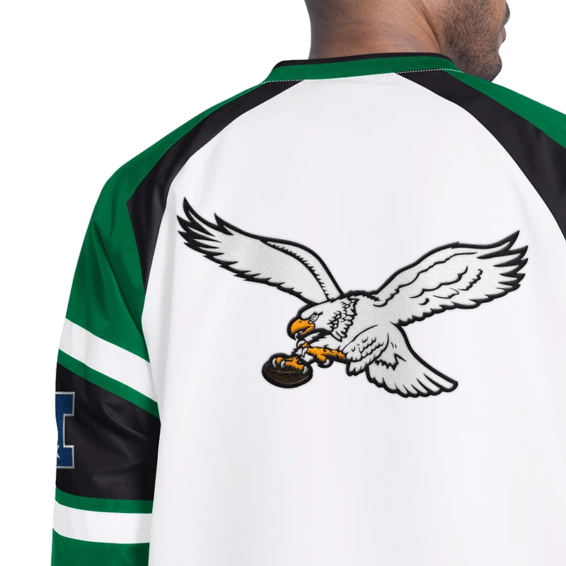 Men's Starter White Philadelphia Eagles Infield Play Raglan Pullover Jacket