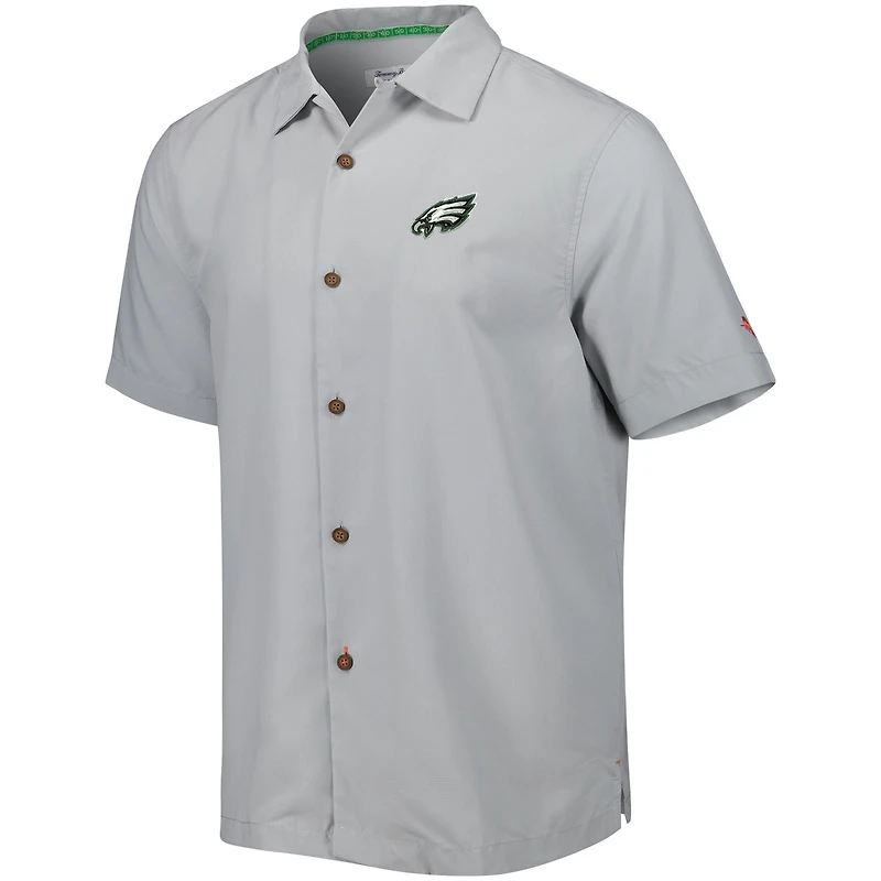 Men's Tommy Bahama Gray Philadelphia Eagles Coconut Point Frondly Fan Camp IslandZone Button-Up Shirt