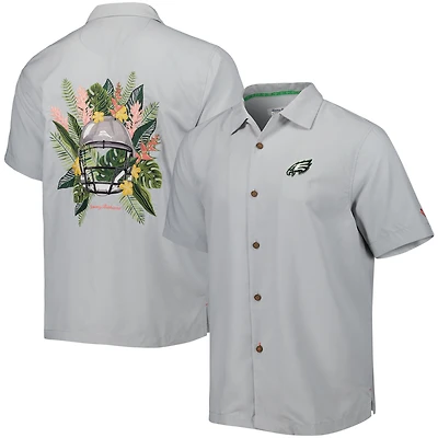 Men's Tommy Bahama Gray Philadelphia Eagles Coconut Point Frondly Fan Camp IslandZone Button-Up Shirt