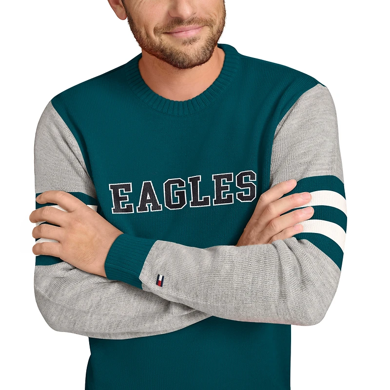 Pull ras du cou en acrylique vert/gris chiné Tommy Hilfiger pour homme, motif Philadelphia Eagles