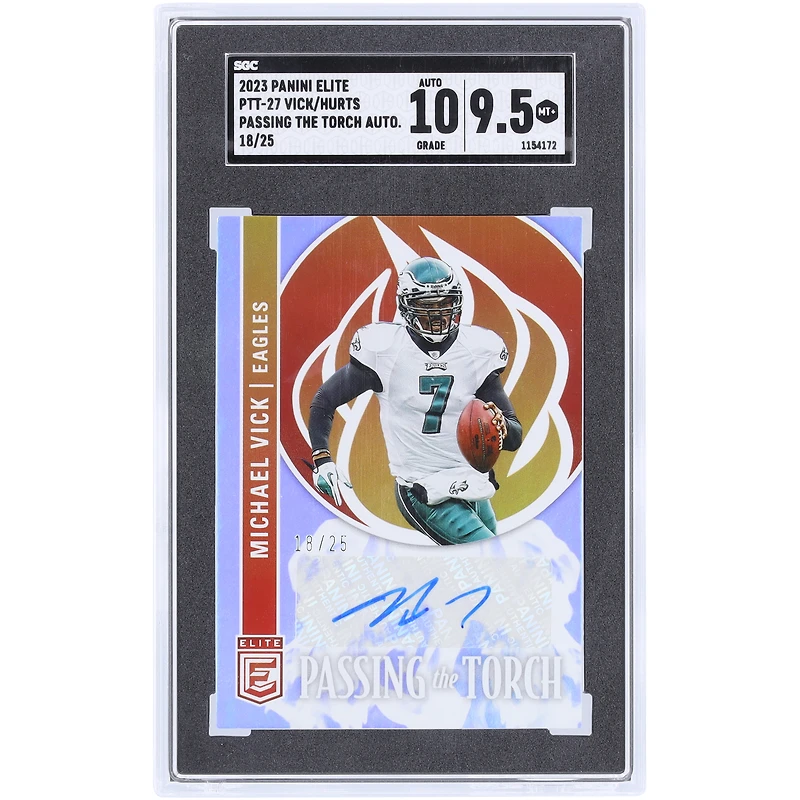 Michael Vick & Jalen Hurts Philadelphia Eagles Autographed 2023 Panini Donruss Elite Passing The Torch #PTT-27 #18/25 SGC Authenticated 9.5/10 Card