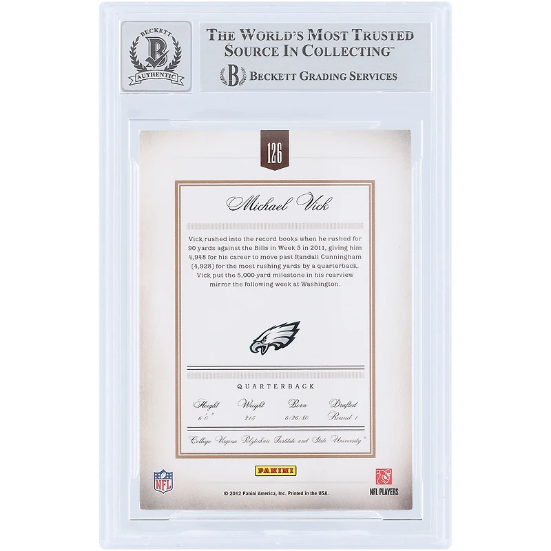 Michael Vick Philadelphia Eagles Autographed 2011 Panini Prime Signatures #126 #/499 Beckett Fanatics Witnessed Authenticated 10 Card