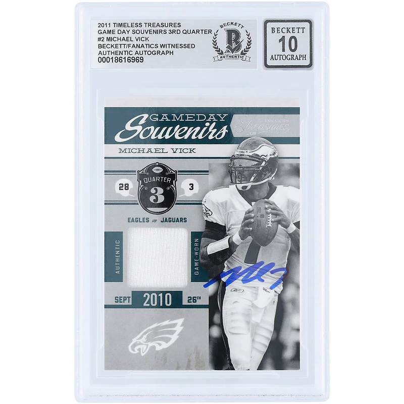 Michael Vick Philadelphia Eagles Autographed 2011 Panini Timeless Treasures Game Day Souvenirs 3rd Quarter Jersey Relic #2 #/250 Beckett Fanatics Witnessed Authenticated 10 Card