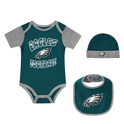 Ensemble body, bavoir et bonnet à revers pour nouveau-né Outerstuff Philadelphia Eagles Tag Team