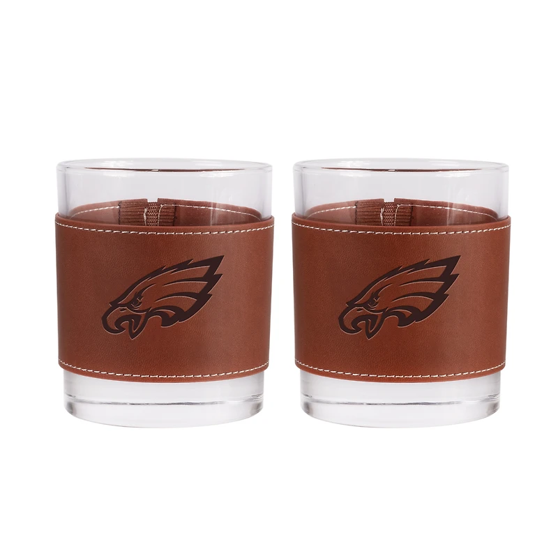 Lot de 2 verres à whisky Philadelphia Eagles de 12 oz avec emballage en cuir