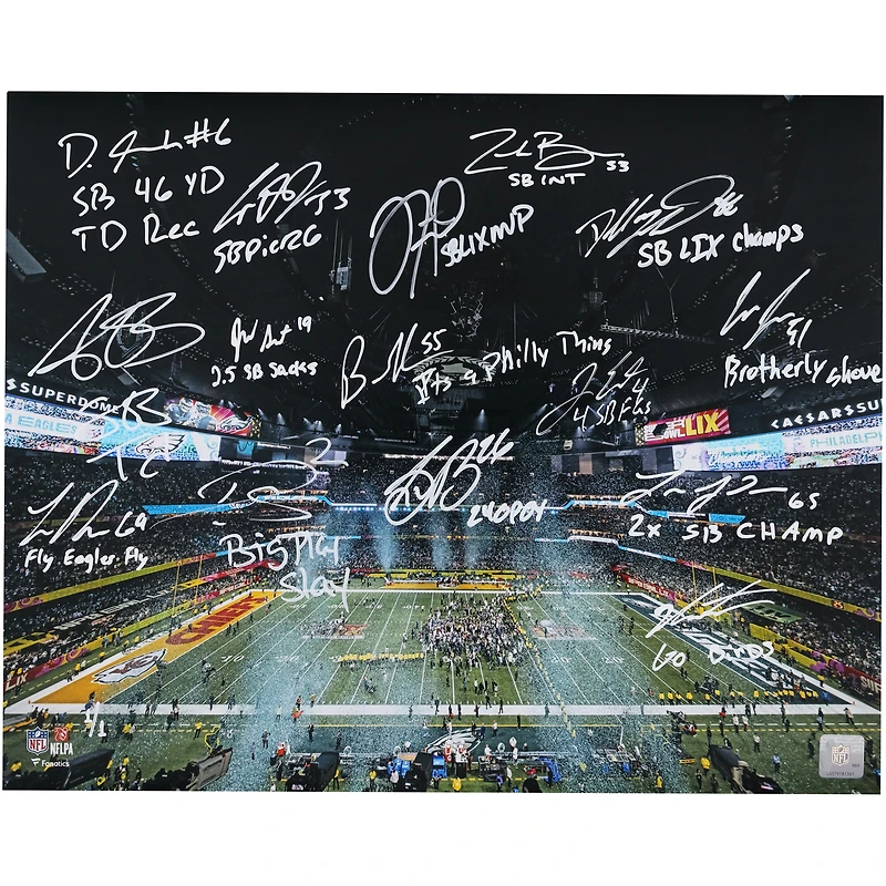 Philadelphia Eagles Autographed 16" x 20" Super Bowl LIX Photograph with 15 Signatures & Multiple Inscriptions - Signed in White Ink - Limited Edition #1/1
